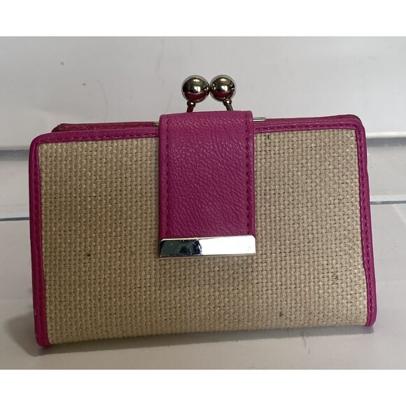 Unbranded Beige Wicker Like Pink/Purple Kiss Lock Wallet Pre Owned - Picture 1 of 11